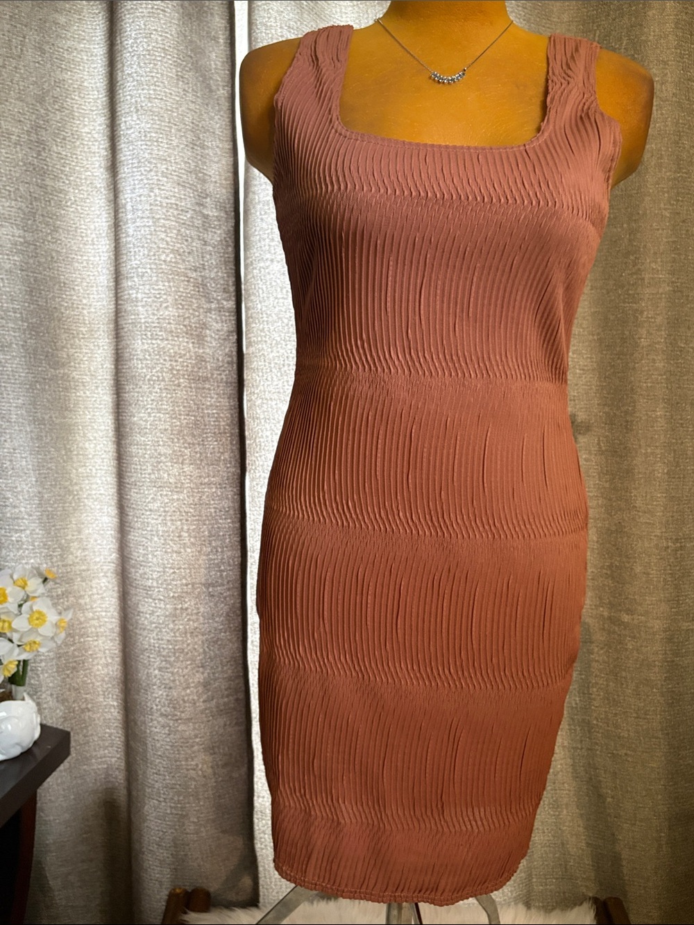 Missguided Ribbed Square-Neck Midi Dress in Rust